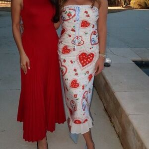 For Love And Lemons White Strapless Midi Dress with Red Heart Print